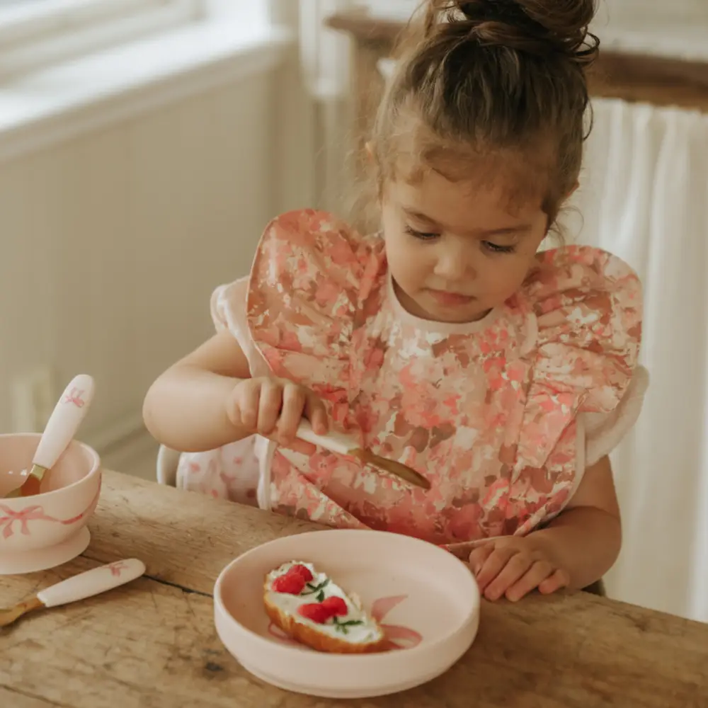 Elodie silikontallrik med bestick Rosy Bow