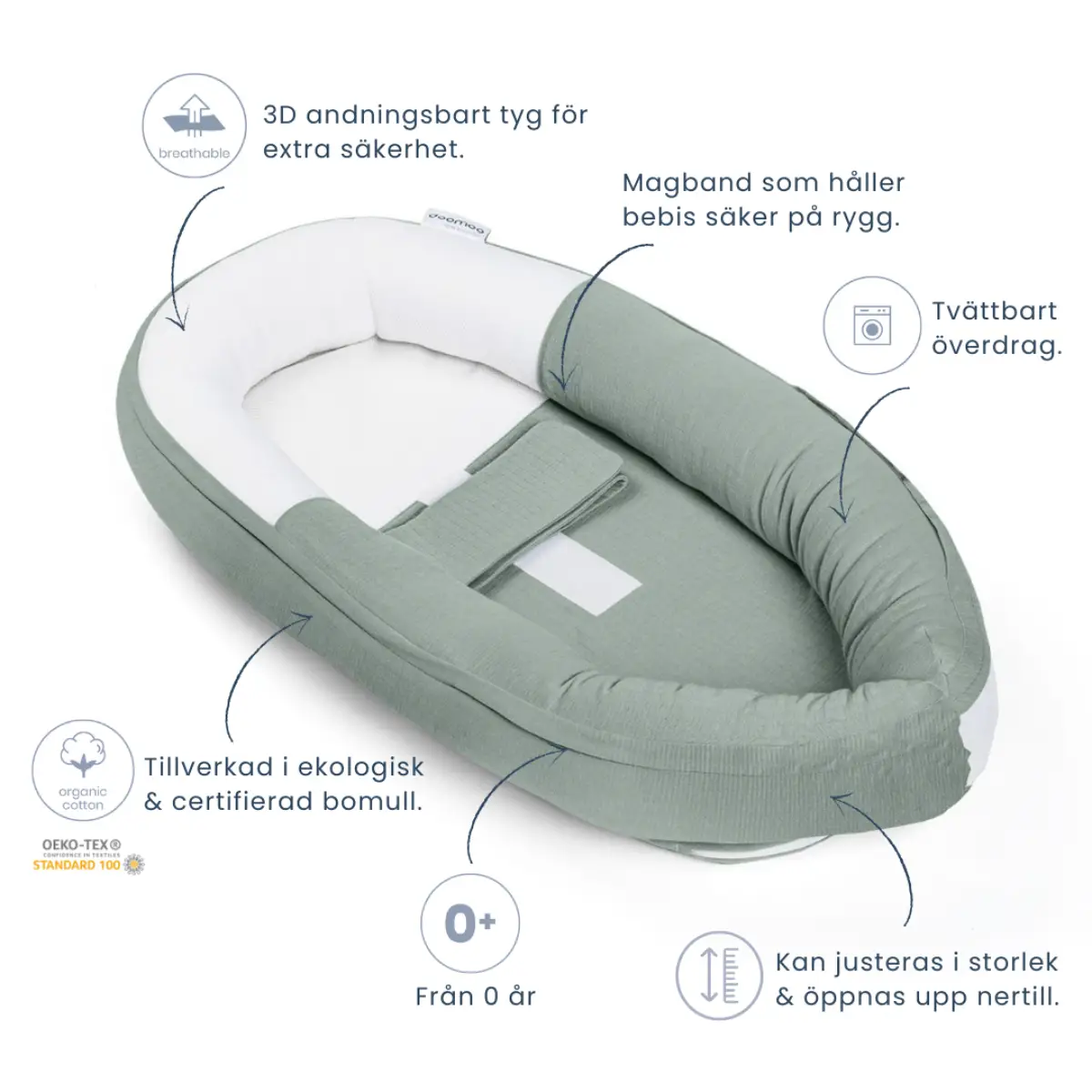 Doomoo babynest löv grön