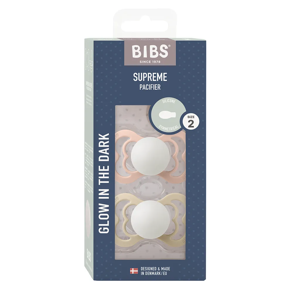 BIBS Supreme 2 PACK Silicone Size 2 Blush GLOW/Vanilla GLOW
