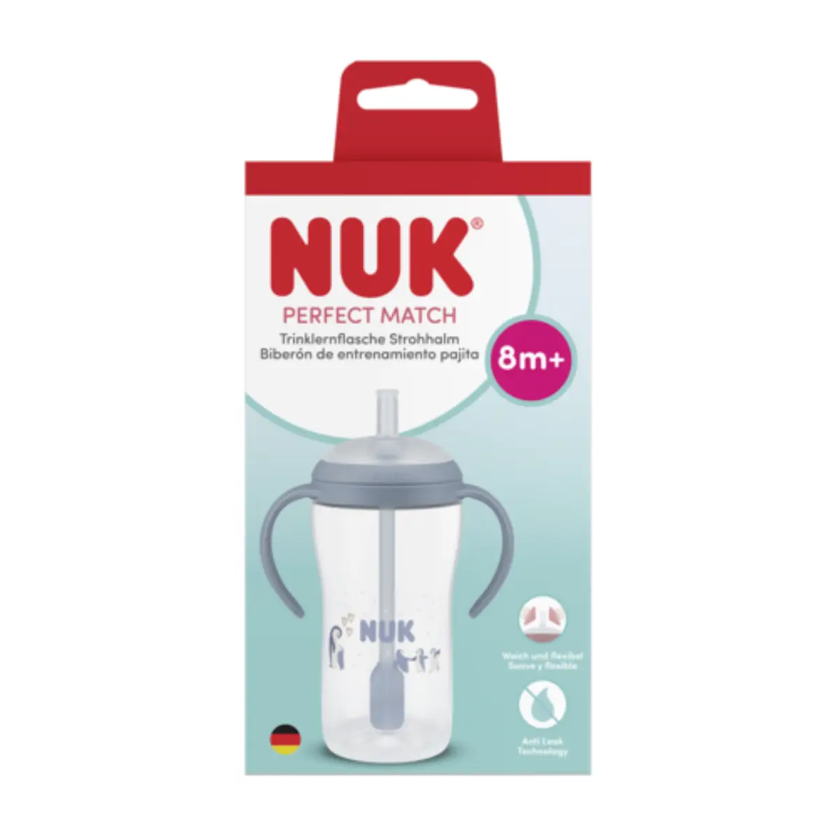 NUK perfect match nappflaska med handtag och sugrör 260 ml, penguin 8 mån+