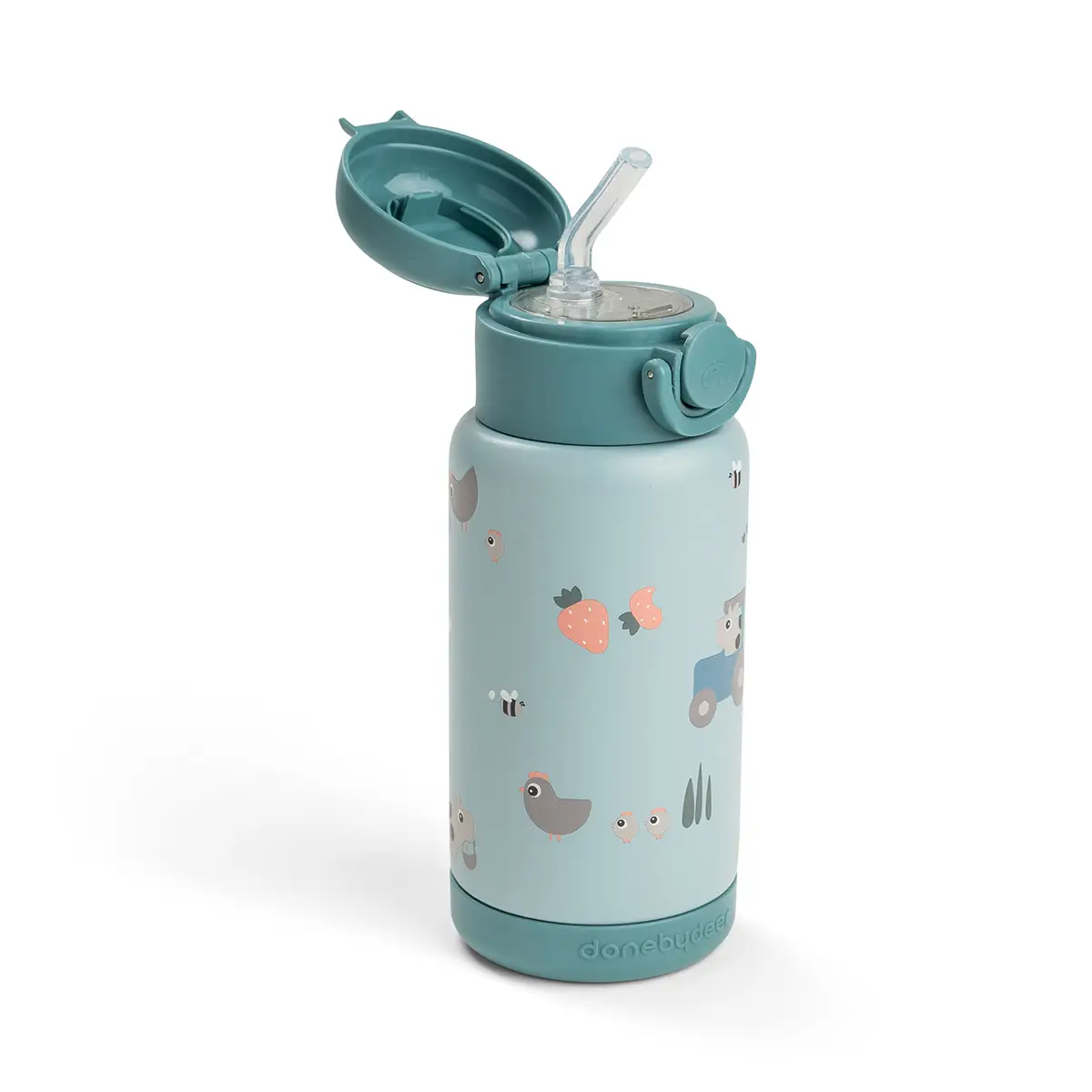 Done by Deer termosflaska med sugrör tiny farm blue 340 ml