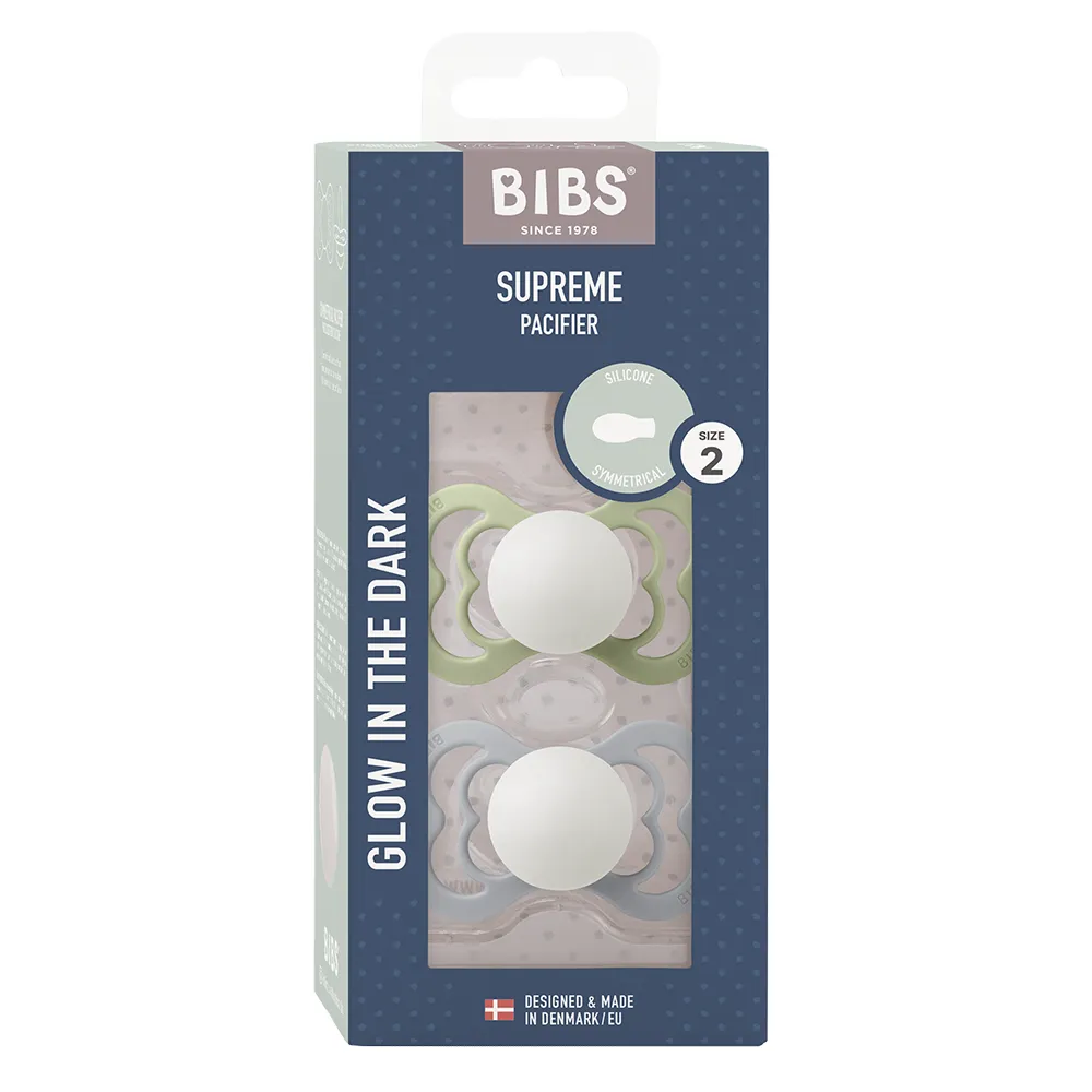 BIBS Supreme 2 PACK Silicone Size 2 Sage GLOW/Cloud GLOW