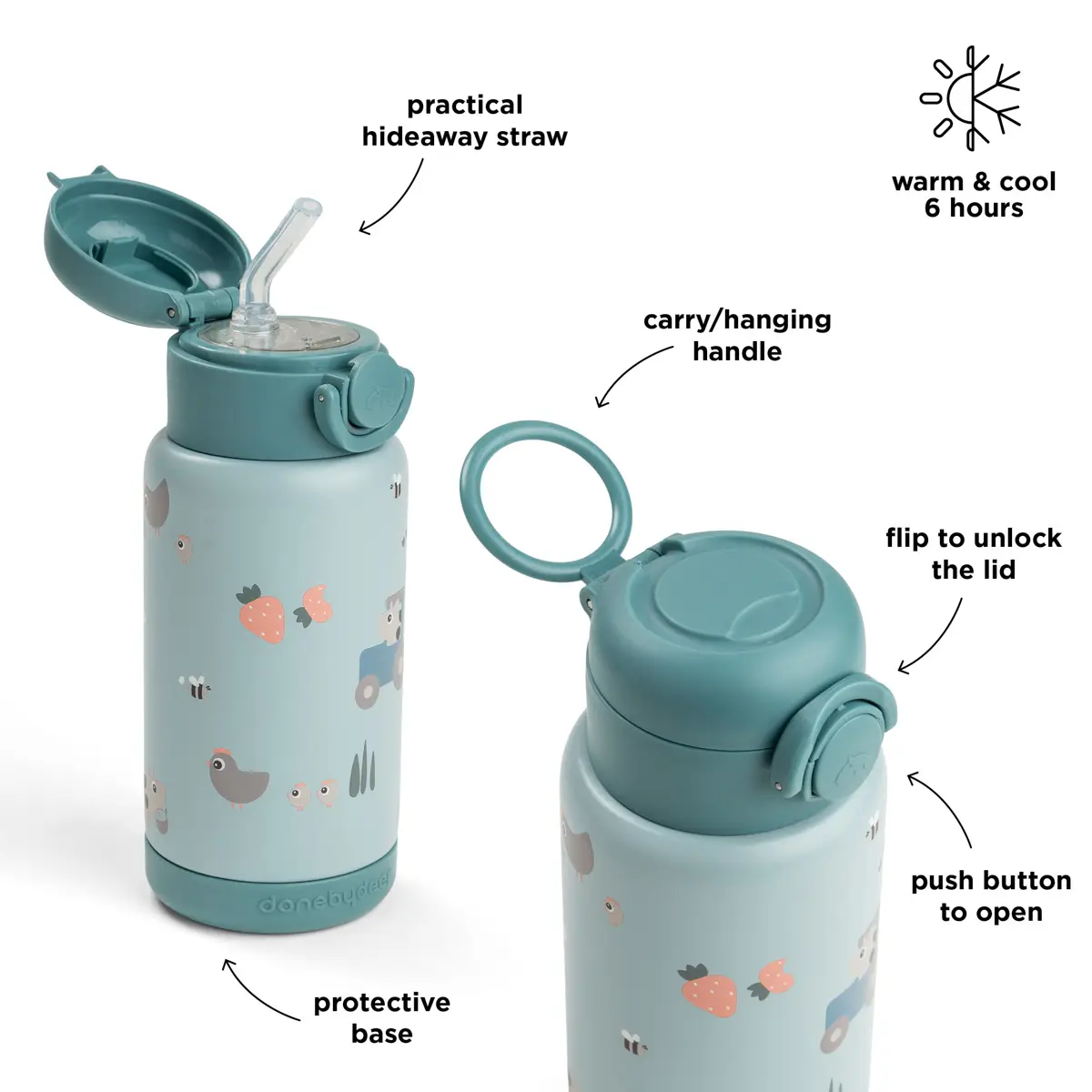 Done by Deer termosflaska med sugrör tiny farm blue 340 ml