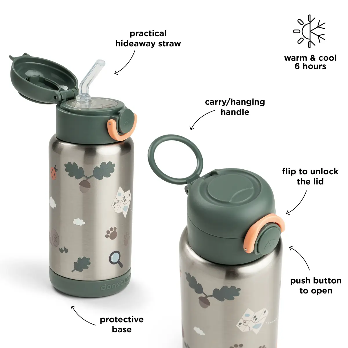 Done by Deer termosflaska med sugrör tiny trails green 340 ml