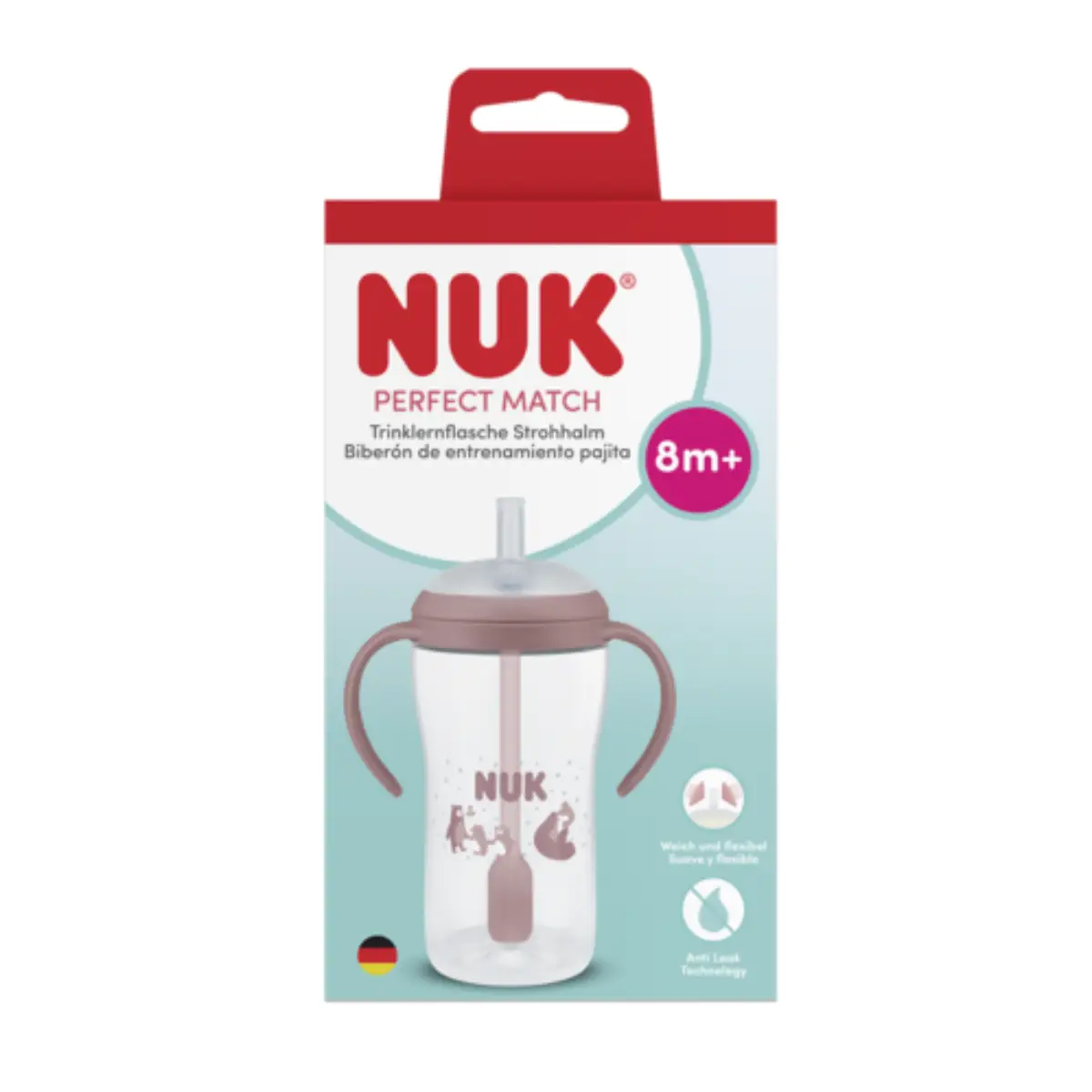 NUK perfect match nappflaska med handtag och sugrör 260 ml, bear 8 mån+