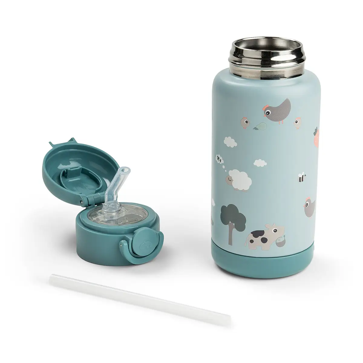 Done by Deer termosflaska med sugrör tiny farm blue 340 ml
