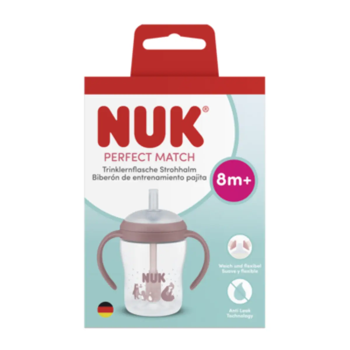 NUK perfect match napplflaska med handtag och sugrör 150 ml, bear 8 mån+