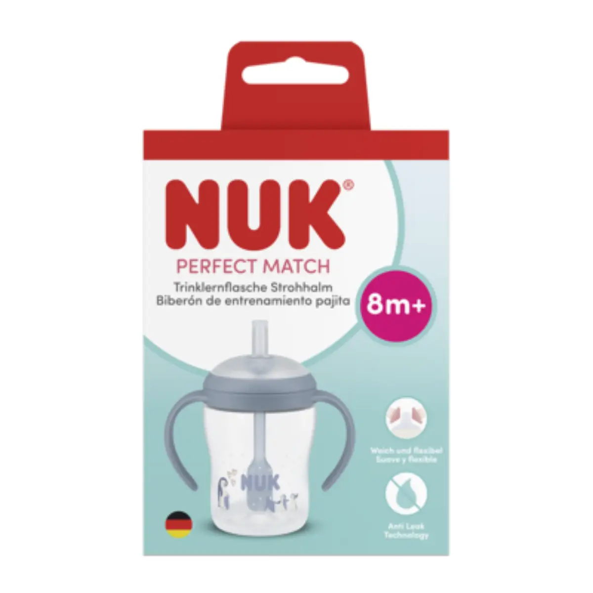 NUK perfect match nappflaska med hantag och sugrör 150 ml, penguin 8 mån+